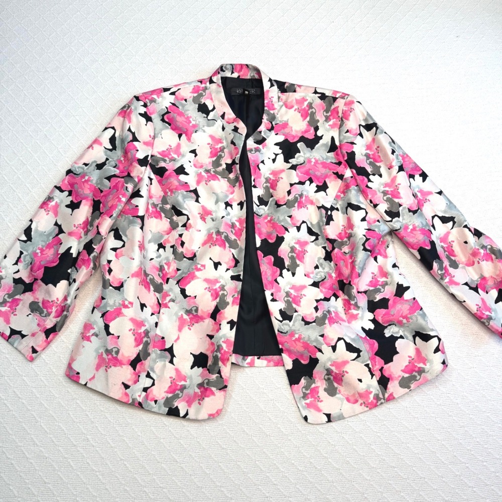 Kasper Women 16W Pink Floral Open Front Blazer Stand Collar Career Jacket